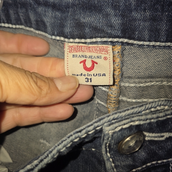 True Religion Jeans Women 31 USA Made Flap Pocket Bootcut Thick Stitch Blue - Picture 6 of 14